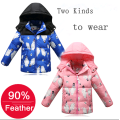 Hiver enfants 90% plume d&#39;oie manteau bleu rose enfants manteau d&#39;hiver en gros avec grand blanc imprimé